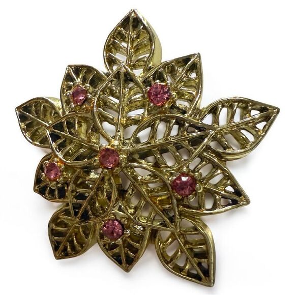 Vintage Gold Leaf Flower Brooch with Pink Crystals - Picture 4 of 17
